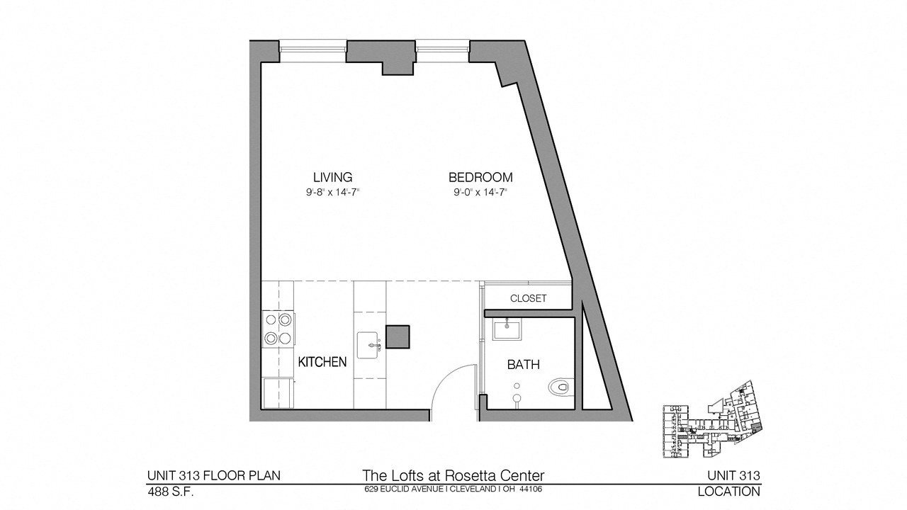 Floor plan for studio, 1 bath, 488 sqft